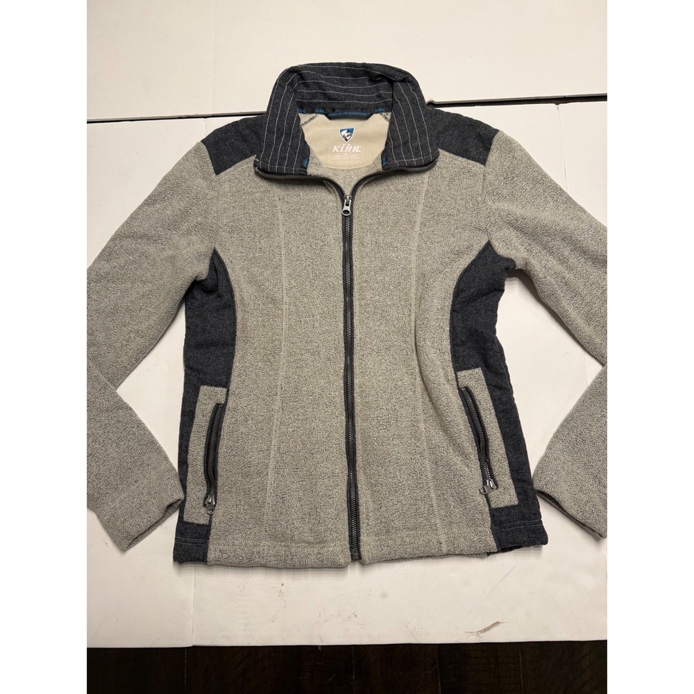 Kuhl Alska Full Zip Fleece Jacket Gray Heather Pinstripe Trim Womens Medium